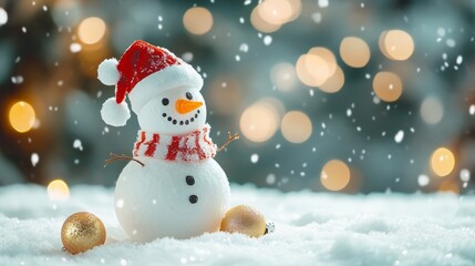 Charming christmas winter background featuring a smiling snowman surrounded by fresh snow and a soft blurred bokeh effect, perfect for holiday greeting cards and new year wishes


