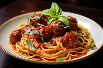 Delicious Spaghetti with Meatballs and Basil Garnish