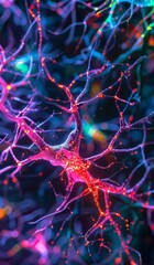Microscopic view of neurons showcasing colorful signal transmission with fluorescent markers