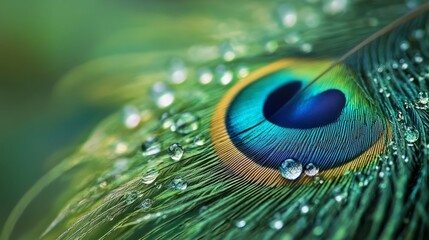 Fototapeta premium A close-up of a peacock feather with water droplets.