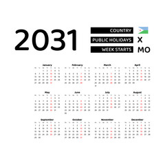 Calendar 2031 English language with Djibouti public holidays. Week starts from Monday. Graphic design vector illustration.