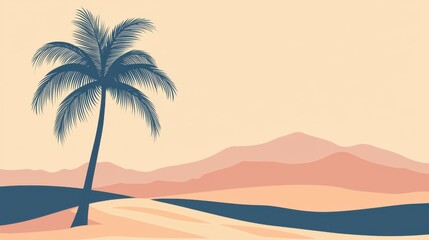 Serene landscape featuring a palm tree against soft, pastel hues of mountains and gentle sand dunes.