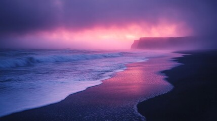 Fototapeta premium Dramatic Pink Sunset over a Black Sand Beach with Foamy Waves