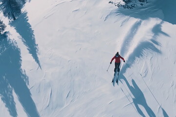 A one woman skiing descent over white snow. Winter extreme sports background. Aerial view of ski resort. High angle, top view.