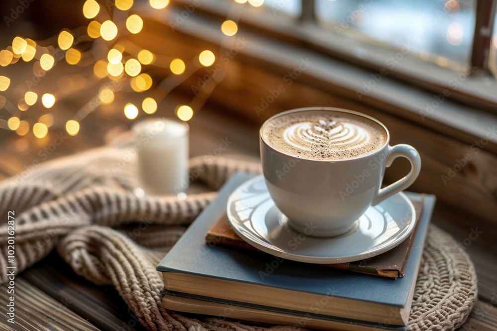 Aufkleber a steaming cup of coffee sits atop a stack of books in a warm nook, inviting relaxation and a love f
