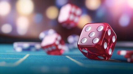 Exciting Dice Roll at a Vibrant Craps Table - Players Cheering Amidst Dazzling Casino Lights in a High-Energy Atmosphere