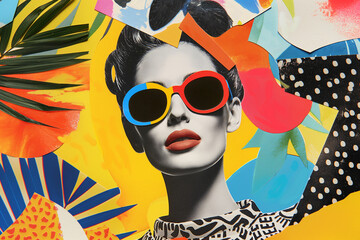 Woman with colorful sunglasses in a bright, tropical abstract background, merging fashion with a fun, summer-inspired design.