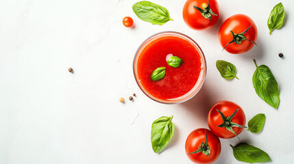 Fototapeta premium Fresh tomato juice garnished with basil, surrounded by ripe tomatoes and basil leaves on a white background.