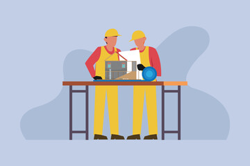 Construction Workers Reviewing Building Plans at a Table 2d flat vector illustration