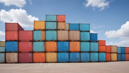 Colorful shipping containers stacked in a long row, with a wooden dock in the foreground and a cloudy blue sky in the background