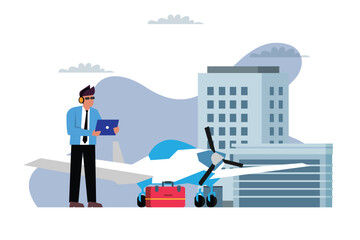 Airline Pilot with Aircraft and Luggage at Airport Terminal 2d flat vector illustration