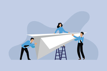 Fototapeta premium Business Team Building and Launching a Paper Airplane for Startup 2d flat vector illustration