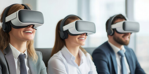 Three professionals engaged in virtual reality meeting, wearing VR headsets and smiling, showcasing innovative technology in modern office environment