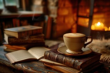 A warm atmosphere envelops a cozy spot featuring a cup of coffee resting on books, inviting readers to unwind and enjoy. Generative AI