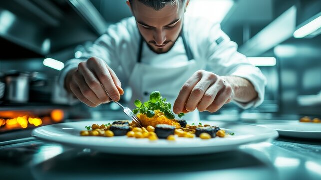 Un chef concentra su atenci&oacute;n en decorar un plato de garbanzos con salsa y vegetales frescos, en la cocina de un restaurante gourmet.

