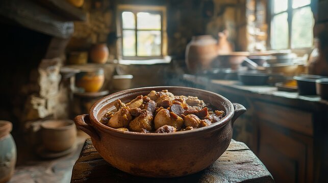 Un guiso tradicional de carne servido en una cazuela de barro, en un ambiente de cocina antigua, con vapor elev&aacute;ndose del plato.


