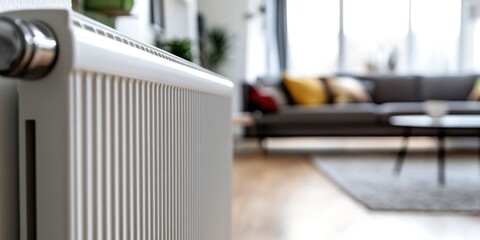 A white radiator in a bright, modern living room with a blurred background of a sofa, green plants, and natural light, emphasizing energy efficiency and home comfort..