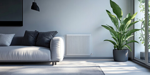 A sleek white radiator in a contemporary living room, next to a large green plant and a modern sofa, creating a relaxing and warm environment with ample natural light..