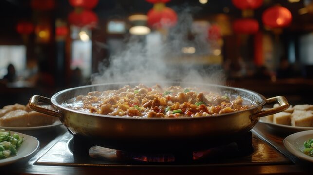 Un gran wok lleno de un plato de carne y vegetales se cocina con vapor en un ambiente de restaurante con decoraci&oacute;n tradicional y farolillos rojos en el fondo.

