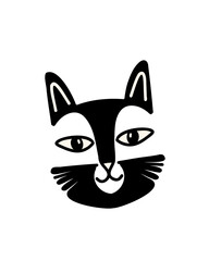 Cartoon cat with big ears drawn in black and white palette.