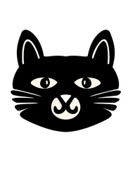 Simple black and white illustration of a cat's face with large eyes.