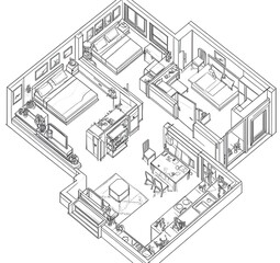 Isometric Sketch of a House Interior