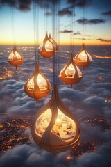 Futuristic Suspended Pods Above Glowing Cityscape