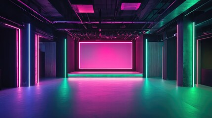 Fototapeta premium Club stage lit with neon green and pink lights, showcasing modern architecture with copy space for branding or text.