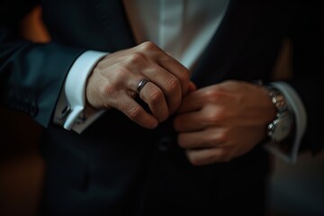 Professional businessman in a tailored suit adjusting his cufflinks in a modern office setting, preparing for an important corporate meeting