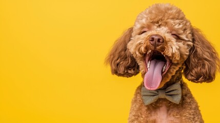 Adorable poodle yawning with a bow tie on a vibrant yellow background