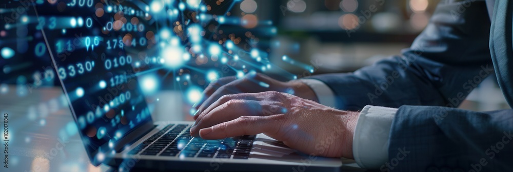 Poster a professional engages in data protection activity on a laptop, illustrating a cybersecurity network
