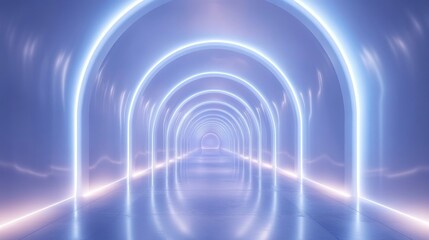 Naklejka premium Futuristic Neon-Lit Tunnel with White Arched Walls