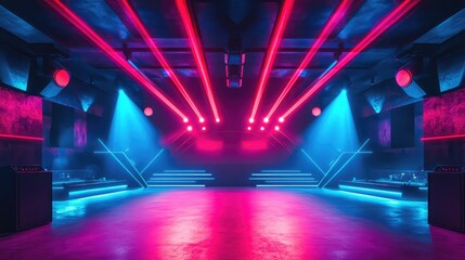 Futuristic club stage bathed in neon blue and red lights, with sleek architectural lines and copy space.
