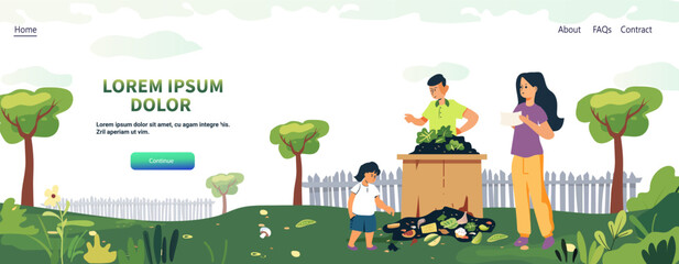Obraz premium Family composting in garden sustainability eco-friendly lifestyle. Man woman child compost organic waste surrounded by trees plants in backyard. Website design