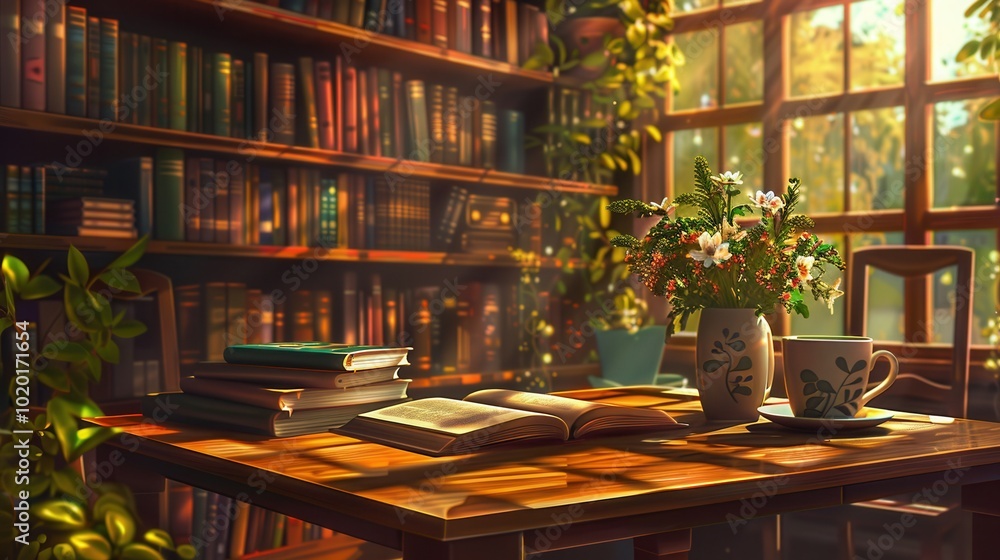 Leinwandbilder a warm setting features books and a steaming cup of coffee on a table, with sunlight streaming throu