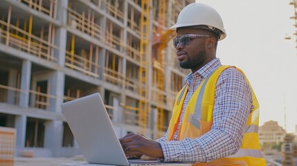 Construction Worker Using Laptop at Building Site