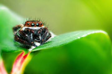 Jumping spider sitting on a green leaf.