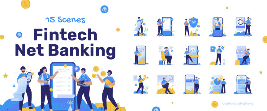 Financial technology business net banking illustration set