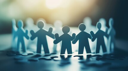 Group of paper businessmen in 3D, fitting puzzle pieces together to represent collaborative teamwork in a business setting.