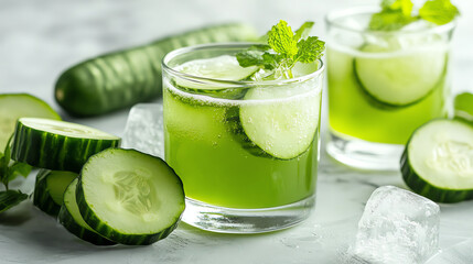 Refreshing cucumber mint drink served in glasses, garnished with fresh cucumber slices and mint leaves on a clean surface.