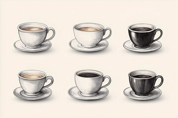 drawn cups of coffee in white and black