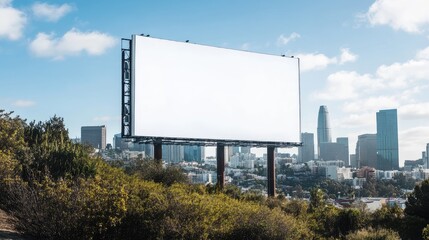 Fototapeta premium Large white-screen billboard standing against a city skyline, featuring wide-open copy space for advertising.