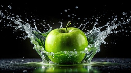Blurry green apple falling into water creating a splash against dark background