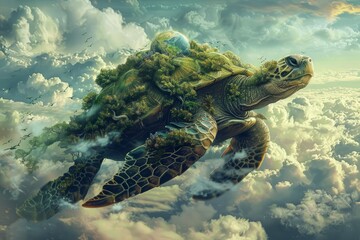 Obraz premium An artistic rendering of a mythical turtle carrying the world on its back