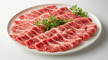 Fototapeta premium white platter displayed very thin slices of raw beef, cut into stripes and neatly arranged on the plate