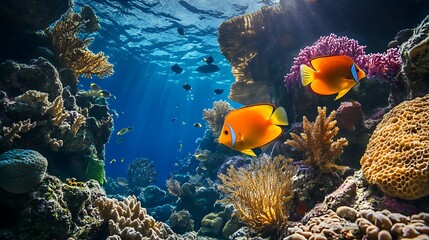 Vibrant underwater scene showcasing colorful coral reefs and tropical fish.