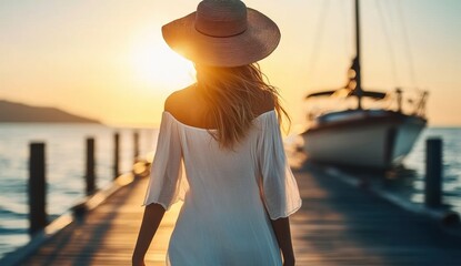 Fototapeta premium Woman Walking on Pier.