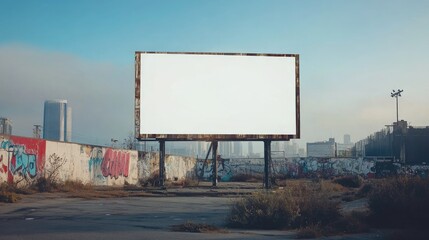 Minimalist billboard with a white screen, set in an urban landscape with wide copy space for creative use.