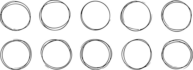 Hand drawn circles line sketch set. Vector circular scribble doodle round circles for message note mark design element. Pencil or pen graffiti bubble or ball draft illustration