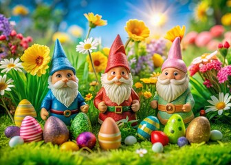 Fototapeta premium Whimsical Easter Gnomes Decorate a Colorful Spring Background with Flowers and Eggs for Celebrations